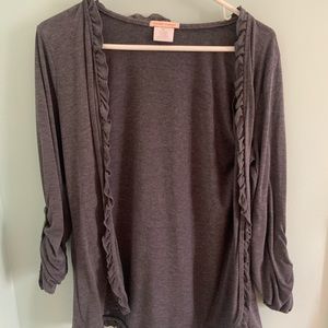 grey cardigan with ruffles